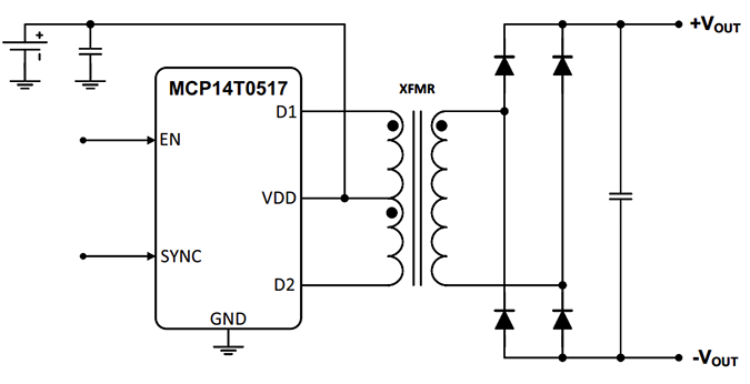 Applikations-Schaltungsdiagramm - Microchip Technology MCP14T0517 Push-Pull Transformator Treiber